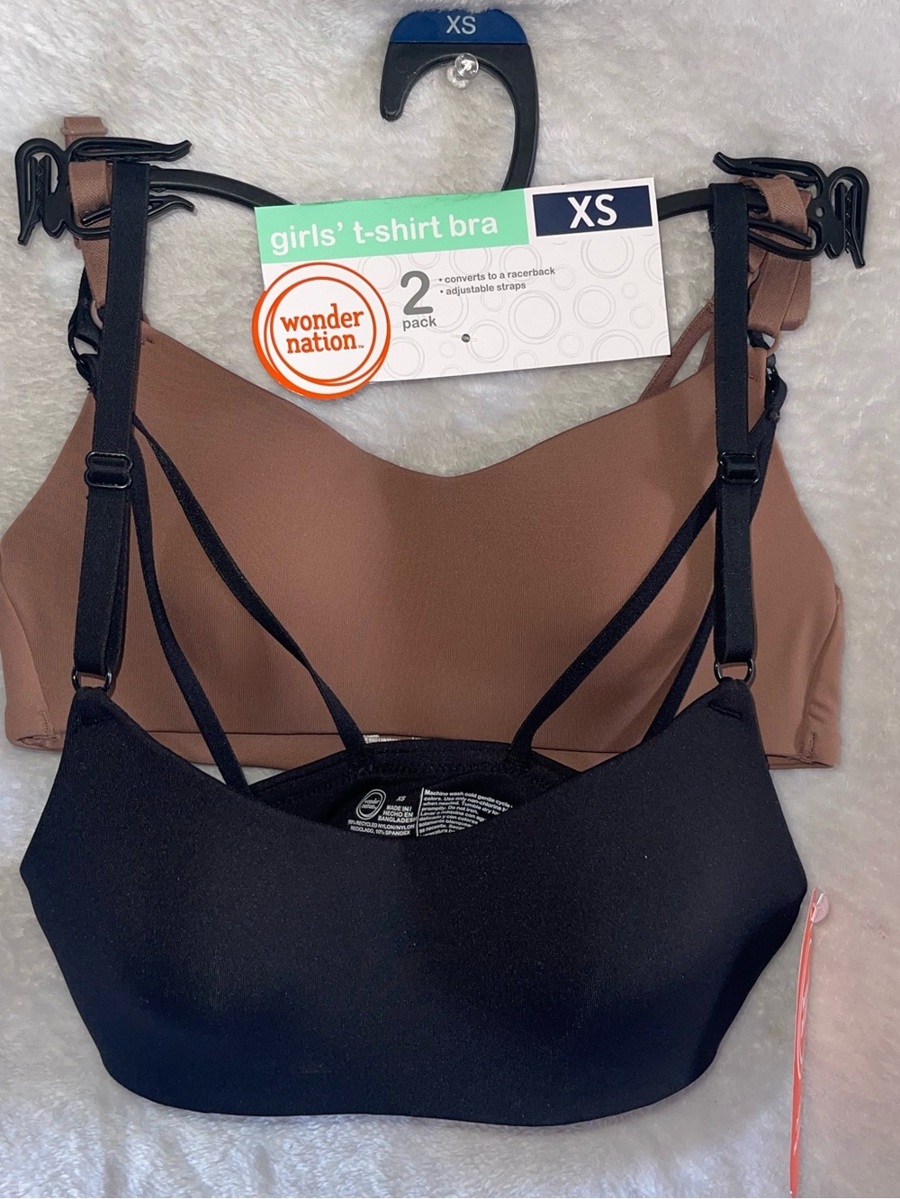 wonder nation Black & Brown Girls' T-Shirt Bra 2-Pack, XS NWT